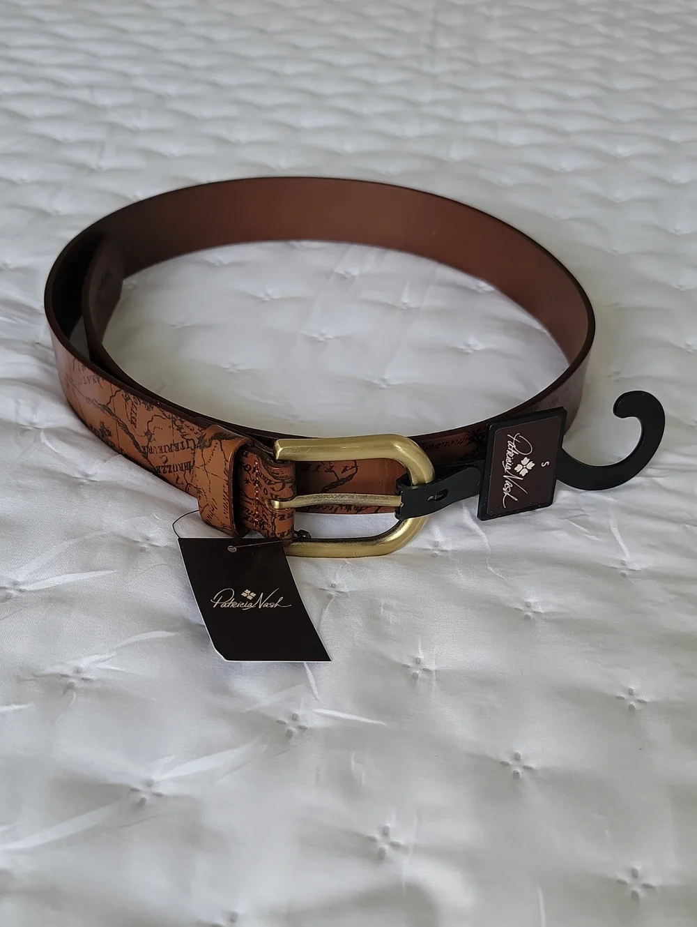Patricia Nash Tan/Brown Leather Map-Print Belt with Brass Buckle, NWT, Small